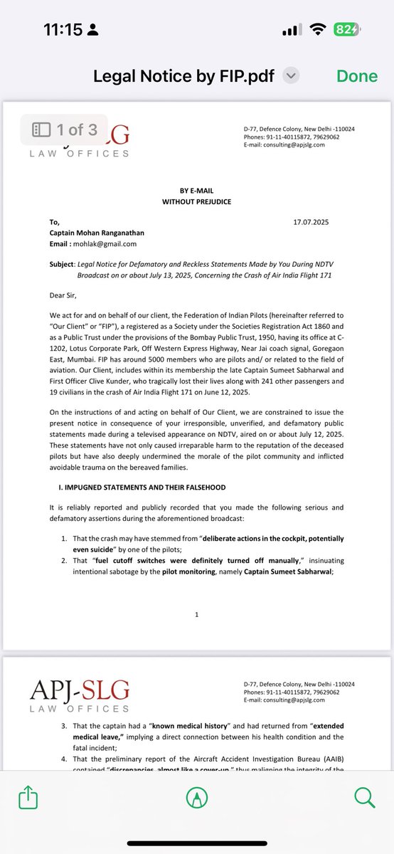 Federation of Indian Pilots threatens to sue Wall Street Journal / Reuters for their accusation again Capt Sumeet Sabharwal “in absence of official confirmation and final report” - legal notice also sent to Capt Mohan Ranganathan for first propounding the suicide theory