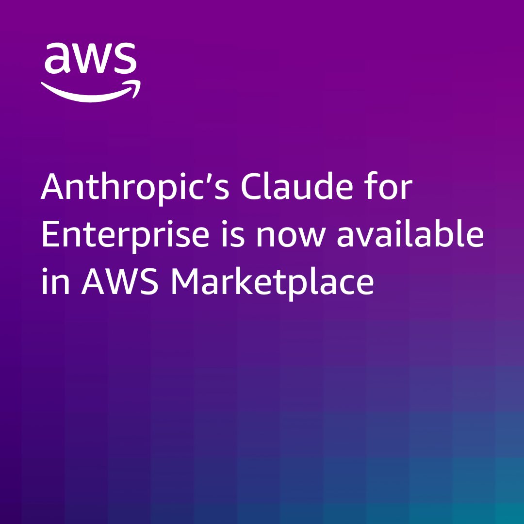 awscloud's tweet image. Introducing @AnthropicAI's Claude for Enterprise, available now in #AWSMarketplace. 🛒
From entry-level to executive, Claude for Enterprise accelerates success for all employees. This solution brings powerful #AI capabilities to organizations through a seamless procurement…