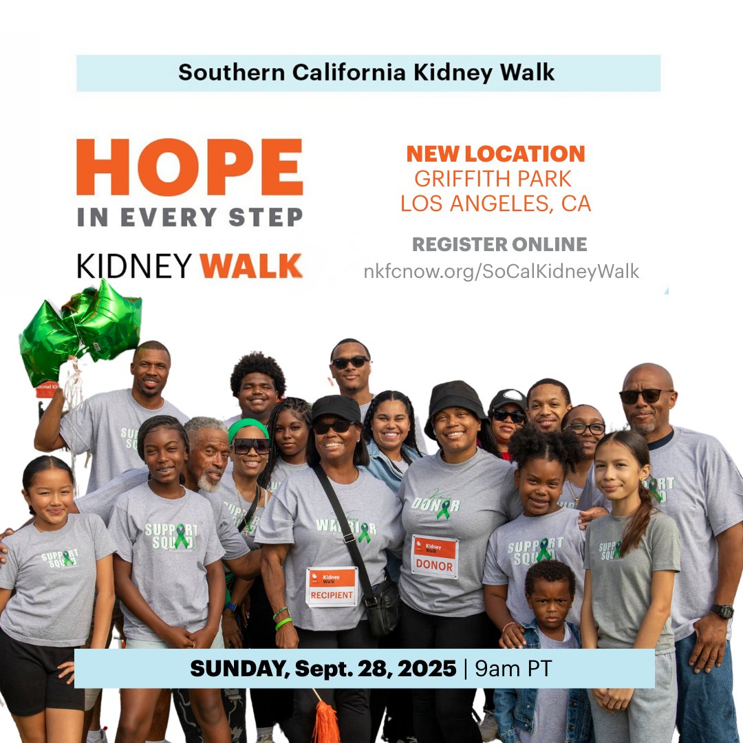 Join us for the 2025 Southern California Kidney Walk on Sept 28 at Griffith Park! Family-friendly 5K to fight kidney disease. Register now! nkfcnow.org/SoCalKidneyWal…