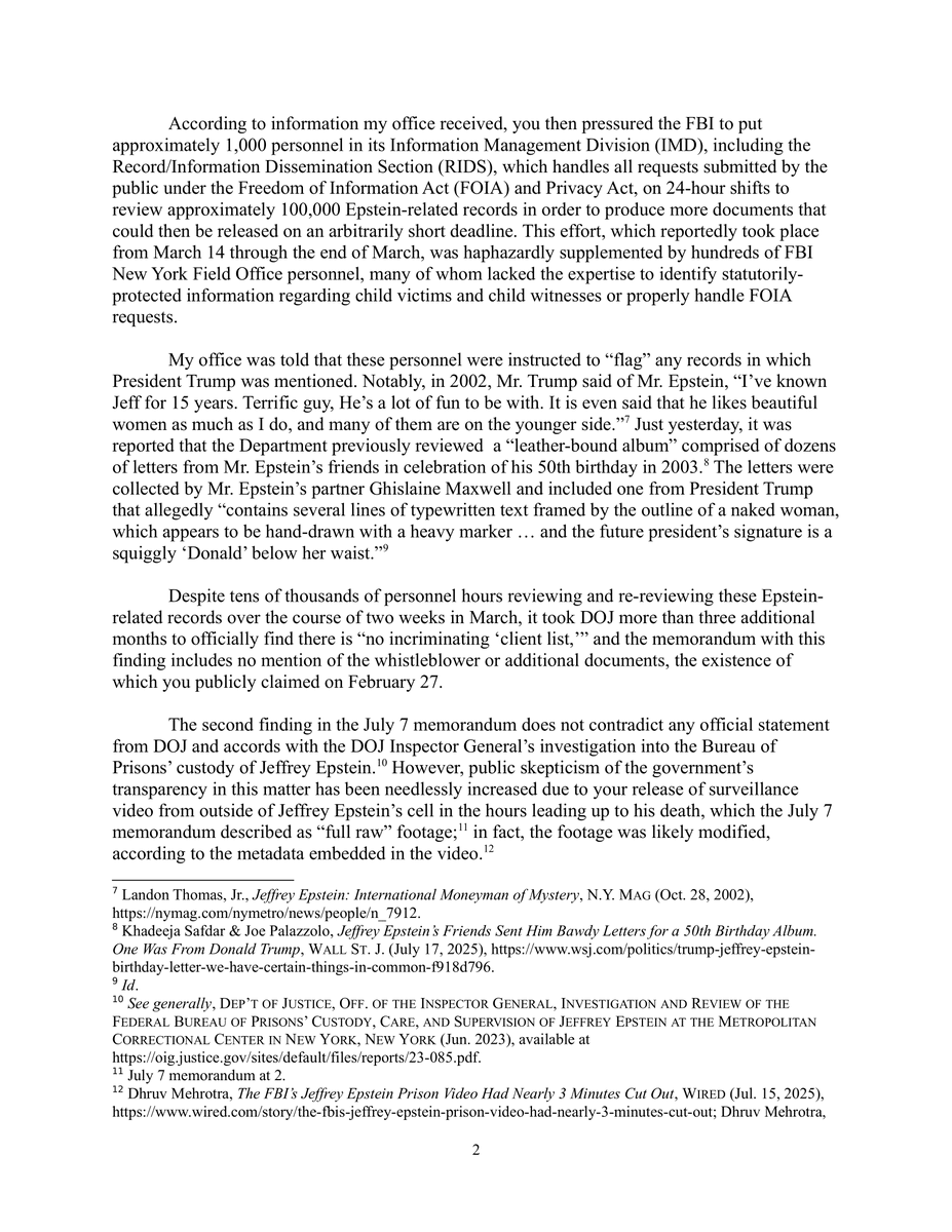 FBI AGENTS TOLD TO FLAG MENTIONS OF TRUMP IN EPSTEIN RECORDS, SAYS SEN. DURBIN

In a new letter to AG Pam Bondi, Durbin writes,

"According to information my office received, you then pressured the FBI to put approximately 1,000 personnel in its Information Management Division