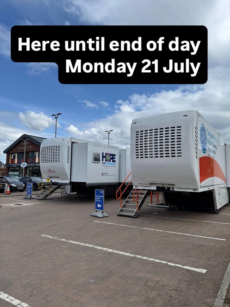 GM_Cancer's tweet image. 500 people have already attended for a lung health check in #Partington this week.
If you got an invite but missed your appointment please, call 0161 529 0900 to rearrange.
The clinic leaves on Mon 21 July at 8pm.
Our phone line is open until 12 on Sat 19 July
#GMLungHealthCheck