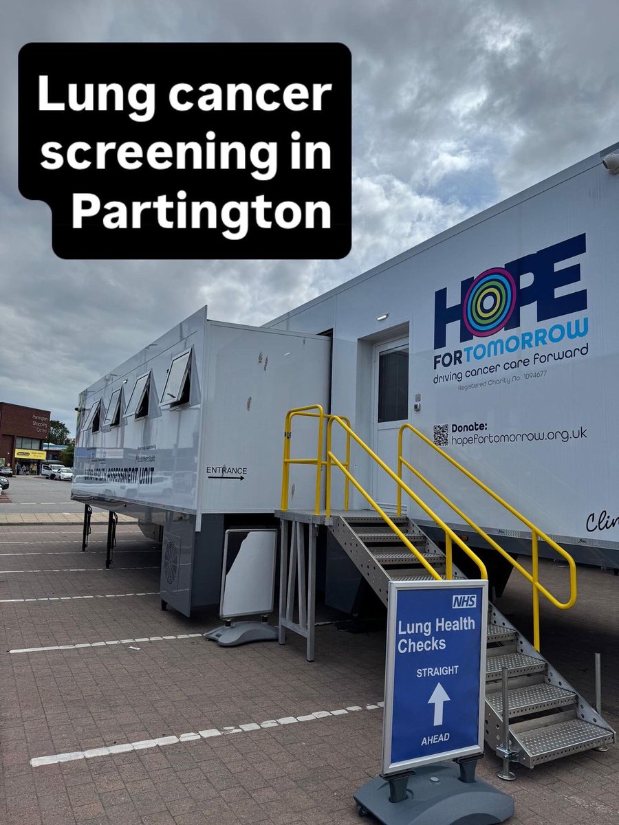 GM_Cancer's tweet image. 500 people have already attended for a lung health check in #Partington this week.
If you got an invite but missed your appointment please, call 0161 529 0900 to rearrange.
The clinic leaves on Mon 21 July at 8pm.
Our phone line is open until 12 on Sat 19 July
#GMLungHealthCheck