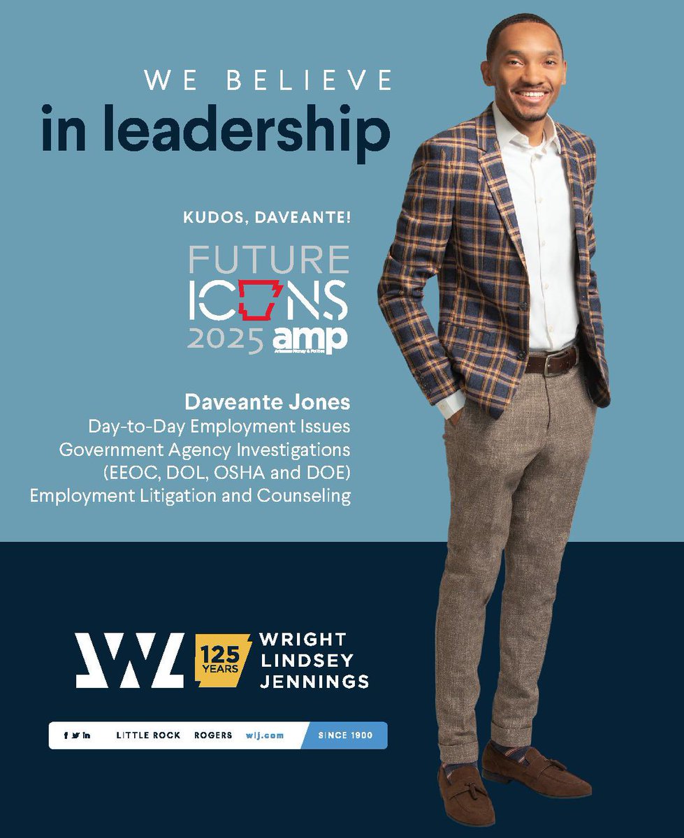 We’re proud to congratulate WLJ partner Daveante Jones for being named one of <a href="/amppob/">AR Money & Politics</a> 2025 Future Icons! Daveante’s leadership, dedication to his clients, and commitment to the legal profession make him more than deserving of this honor!

View full list at armoneyandpolitics.com/2025-amp-futur…