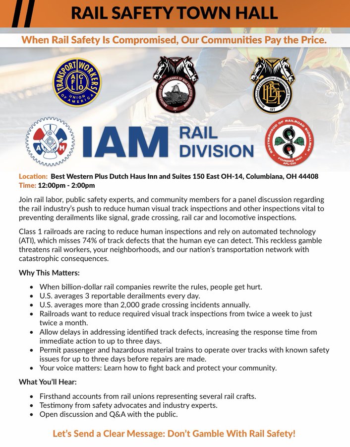 transportworker's tweet image. Tomorrow: The TWU will join our rail labor allies for a critical discussion on freight rail safety and how greedy rail carriers are putting workers and communities at risk.