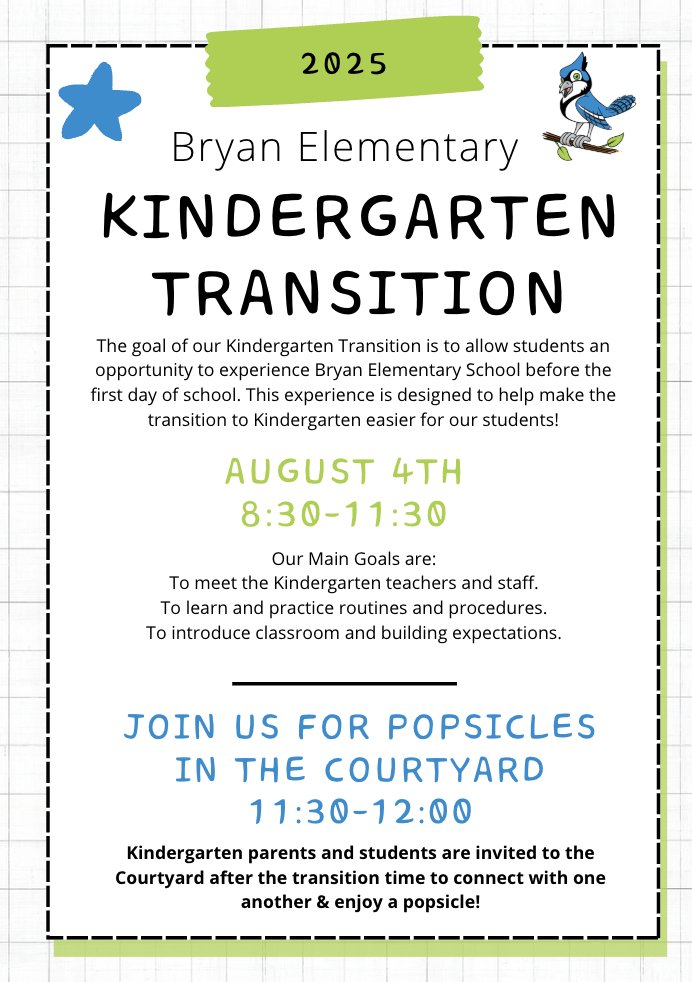 Mark your calendars, new Bluejays! 🎉 Our Kindergarten Transition Day is coming soon! Parents, after you pick up your  kindergartners at 11:30 AM, please stick around for a cool popsicle treat in the courtyard. It's a great chance to connect! See you there!