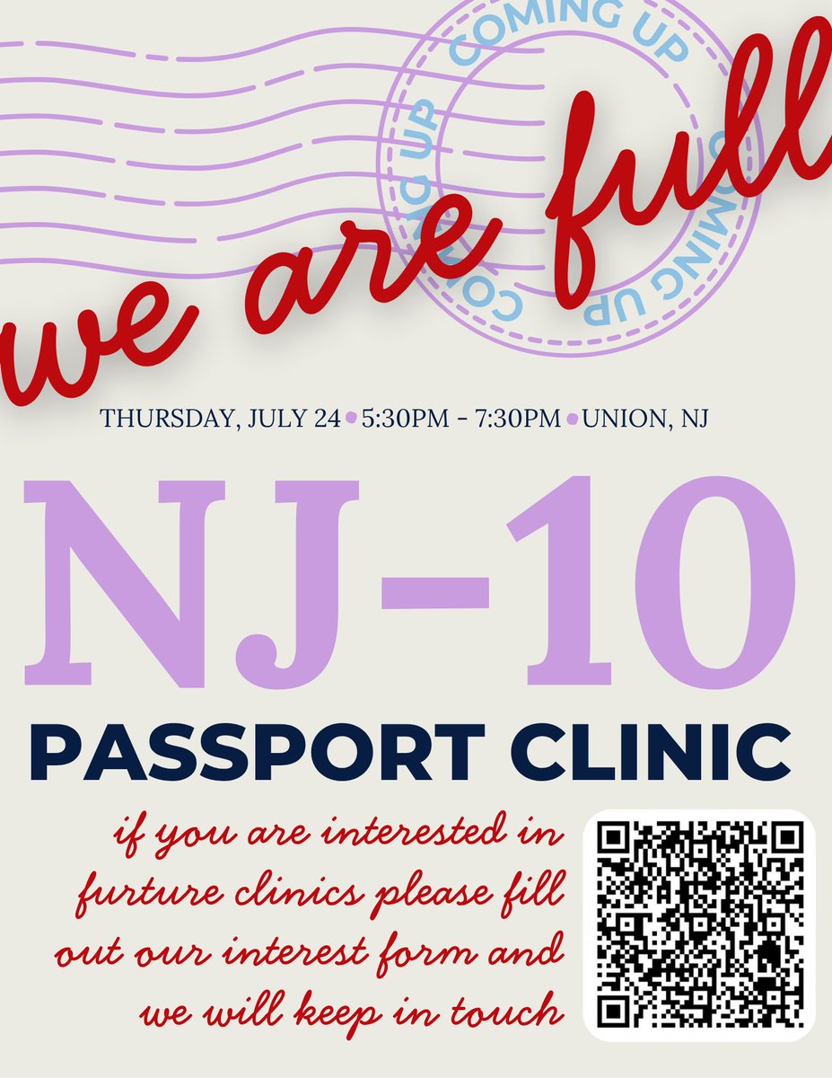 RepLaMonica's tweet image. Thank you for expressing interest in our NJ-10 Union County Passport Clinic! At this time, we have reached capacity for *this* event, but you can visit the link in my bio to sign up to receive updates when future events open up!
Find the passport clinic interest form here:…