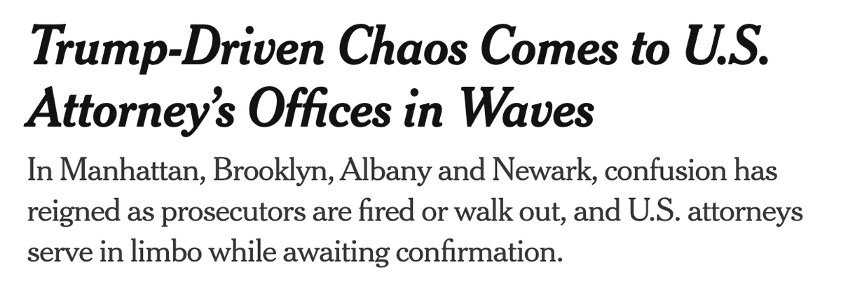 Justice_CXN's tweet image. As Daniel Richman told @nytimes: Trump's message to U.S. attorneys "seems to be that the unitary executive gets to do what it wants, and damn those who interfere."
The kowtowing to partisan demands has "reduced the quality of work they do, and the respect they get."…
