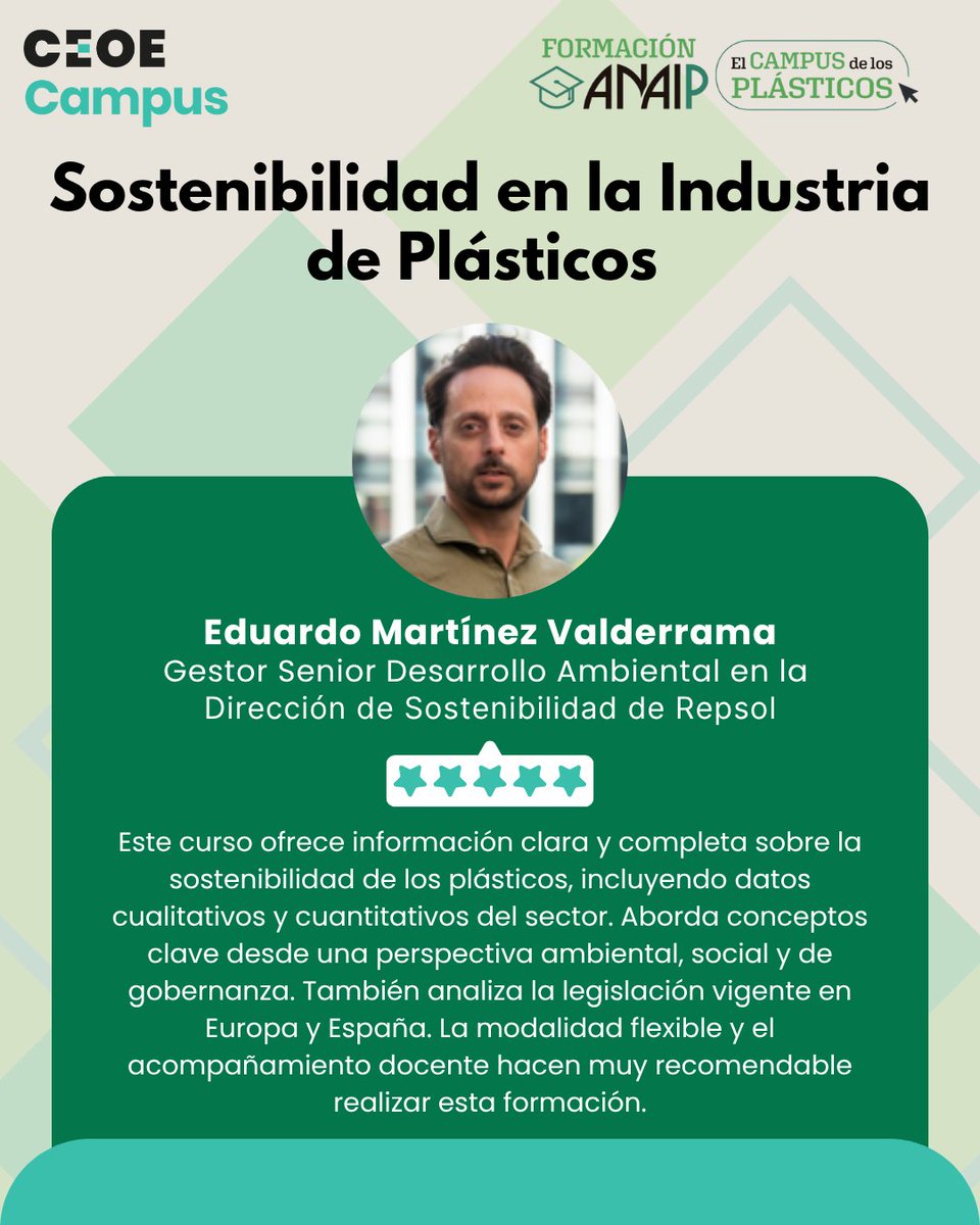 CEOE_Campus's tweet photo. Os invitamos a conocer dos cursos que son una herramienta clave para las personas que lideran la estrategia de #sostenibilidad.
✅Fundamentos Sostenible https://t.co/urjC8AiytM
✅Sostenibilidad en la Industria del Plástico, junto a @ANAIP_es 👉 https://t.co/WOvO5UU8b7 https://t.co/yvrpKj7Ad0