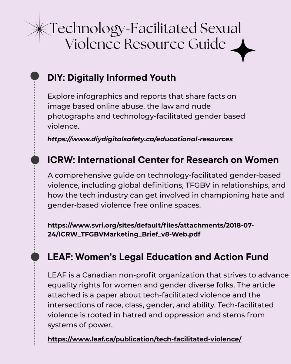 Learn more about technology facilitated sexual violence with this resource guide. It includes three organizations that are striving to keep online spaces free of hate and sexual violence. Explore infographics, reports, and literature about TFSV!