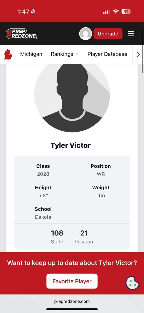Thank you <a href="/PrepRedzoneMI/">Prep Redzone Michigan</a> for ranking me 108 in the state, and 21 for my position! <a href="/DakotaFootball/">Dakota Football</a> <a href="/CoachJasonBaur/">Jason Baur</a> <a href="/alex_pallone/">Alex Pallone</a> @K_Mack11