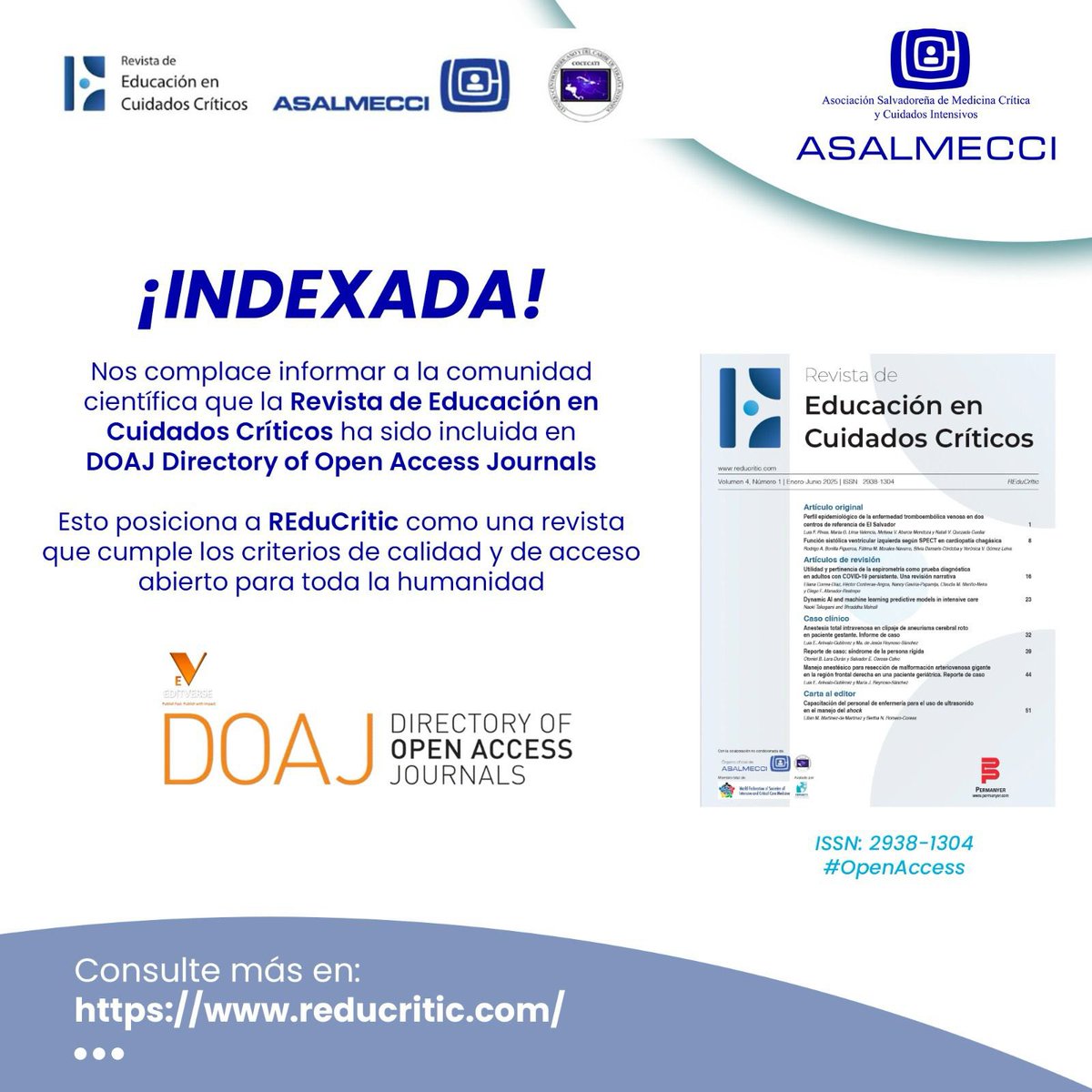 ASALMECCI's tweet image. ✅📘 #INDEXADA 📘✅

El Comité Editorial de #REduCritic de Asalmecci/ REduCritic anuncia a toda la comunidad el reciente ingreso al índex #DOAJ, incluido el buscador de revistas de #accesoabierto

¡FELICIDADES A TODA LA COMUNIDAD #REduCritic!
reducritic.com