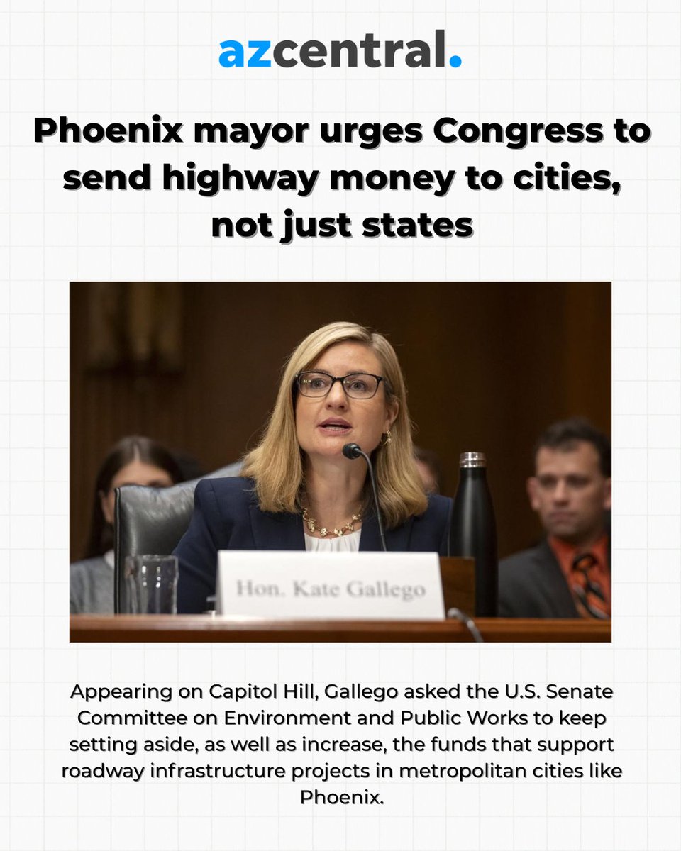 MayorGallego's tweet image. ICYMI: I testified at the Senate EPW committee about Phoenix&apos;s roads, bridges, and highways, and why federal support is key to building safer streets, better systems, and a stronger future for the communities we serve.

Read the full article: bit.ly/46LsLti