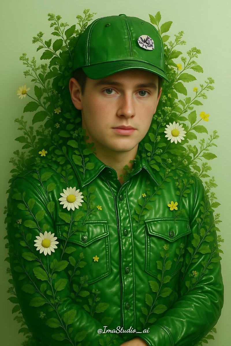 ImaStudio_ai's tweet image. Kit Connor in a surreal eco-art portrait 🌿🧢 Surrounded by flowers and leaves, wearing a green metallic jacket and a beanie. Fashion-forward and conscious look. #KitConnor #EcoArt #AIStyle #PromptMania #ChatGPT4o
