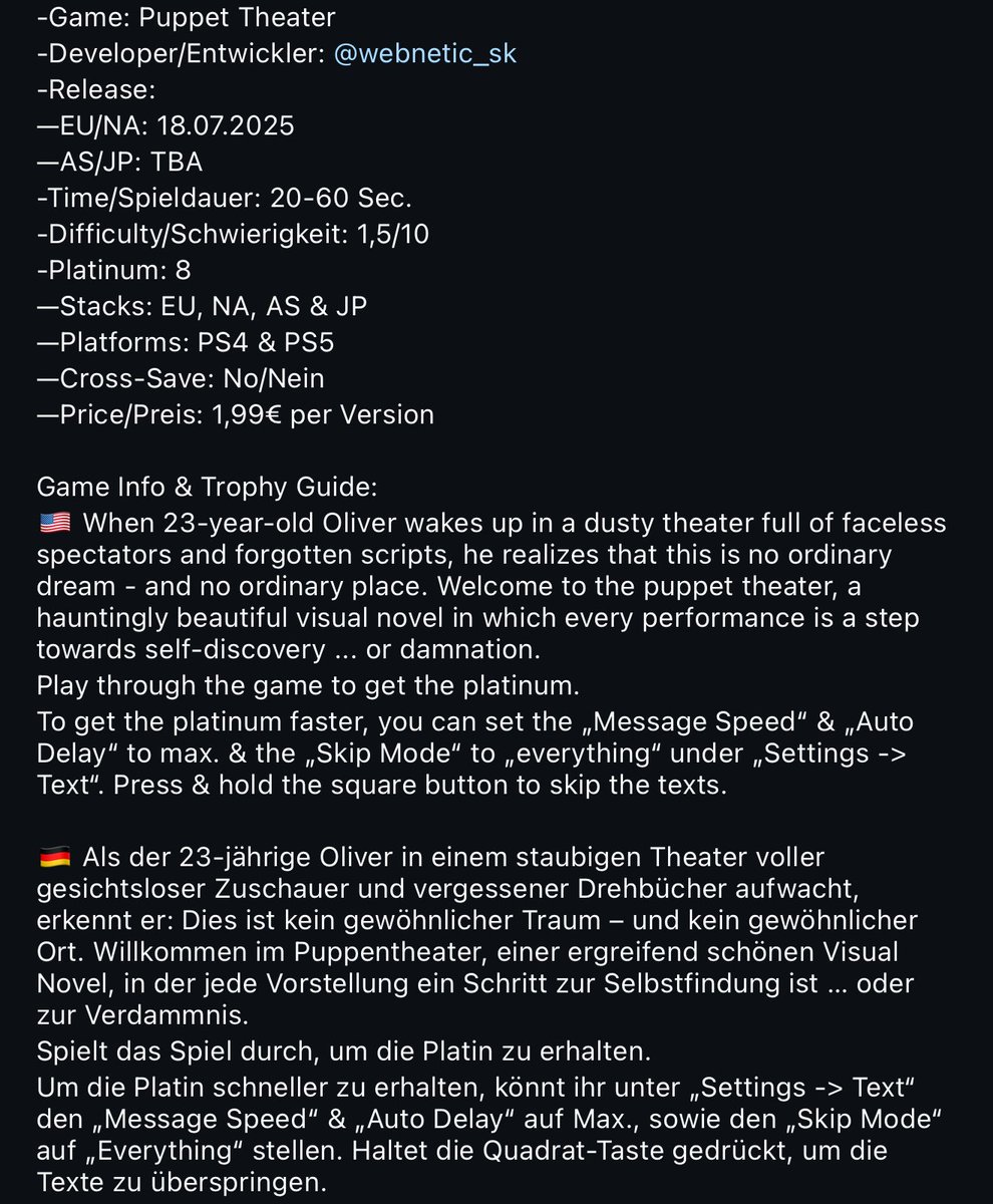 marcelreise11's tweet photo. Since today the EU 🇪🇺 & NA 🇺🇸 version of #PuppetTheater by @Webnetic2 is available.
https://t.co/IjfiTtlj65
@SilentGhost86 @PSN_Robert2567 @Platingamer73 @TrophyN3rd @PlatCat @DerPlatinjunge @Phil_TDZ @Luc0rval https://t.co/7tpJzv8WFk