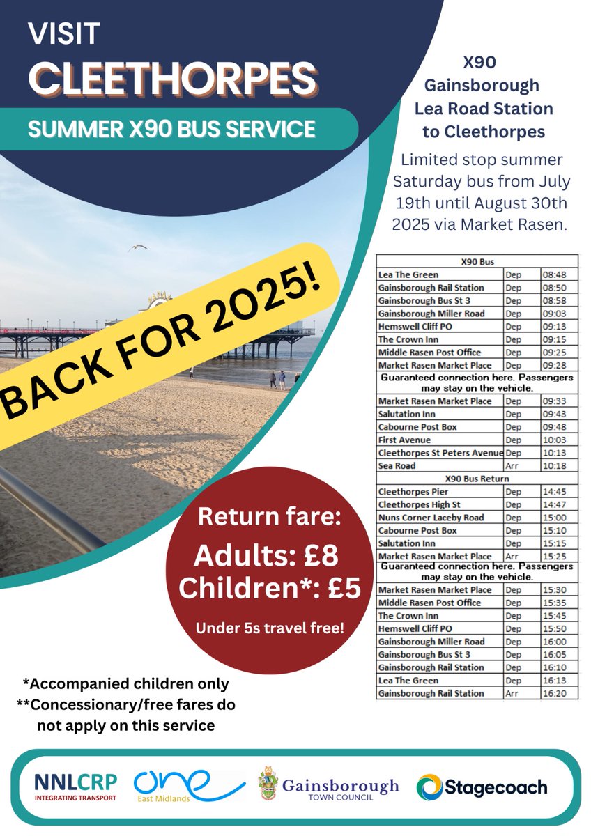 North Notts & Lincs Community Rail Partnership (@nnlcrp) on Twitter photo Cleethorpes anyone!
Back for 2025, with a shorter season, starting tomorrow Saturday July 19th to Saturday 30th August <a href="/StagecoachEMid/">Stagecoach East Mids</a> will be running the X90 Summer service to #Cleethorpes via #HemswellCliff and #MarketRasen
£8 adults
£5 children
No other fares apply Cleethorpes anyone!
Back for 2025, with a shorter season, starting tomorrow Saturday July 19th to Saturday 30th August <a href="/StagecoachEMid/">Stagecoach East Mids</a> will be running the X90 Summer service to #Cleethorpes via #HemswellCliff and #MarketRasen
£8 adults
£5 children
No other fares apply