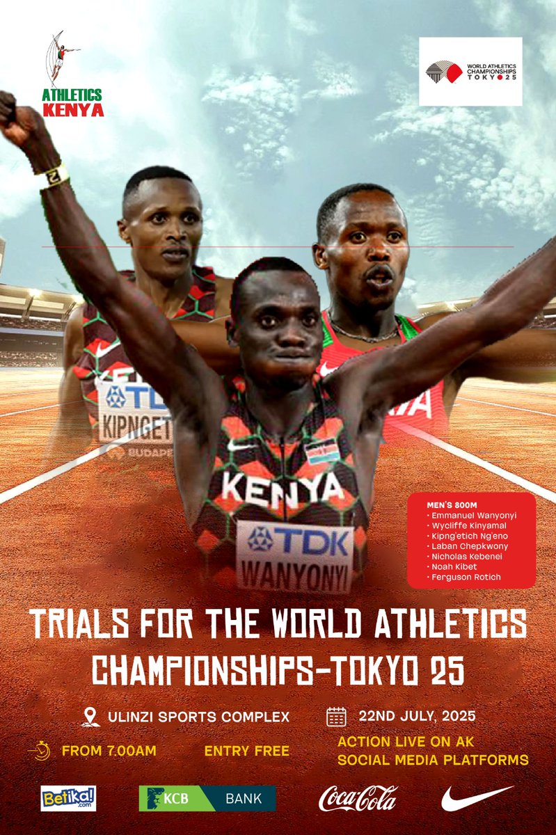 Ole Teya (@teyakevin) on Twitter photo Tuesday’s trials at Ulinzi Sports Complex are key in shaping a strong Team Kenya for Tokyo where the country aims to uphold its global athletics dominance.
The best part? Entry is absolutely free. Don’t miss out!
#RoadToTokyo
#KaribuUlinziComplex
#AthleticsKenya
#KCBFoundation Tuesday’s trials at Ulinzi Sports Complex are key in shaping a strong Team Kenya for Tokyo where the country aims to uphold its global athletics dominance.
The best part? Entry is absolutely free. Don’t miss out!
#RoadToTokyo
#KaribuUlinziComplex
#AthleticsKenya
#KCBFoundation