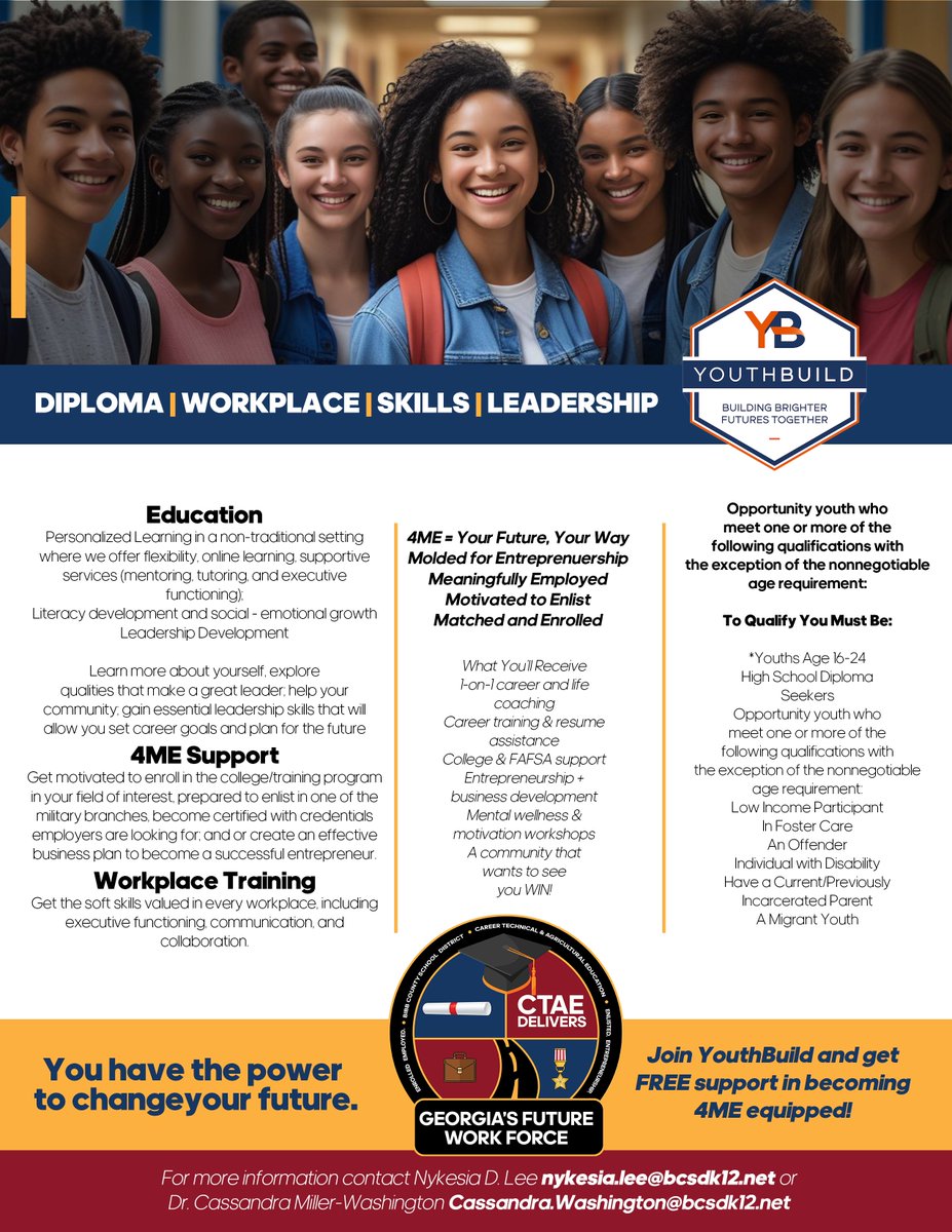 Youth ages 16–24: Your future starts here.
YouthBuild helps you earn your diploma, gain job skills, and build leadership—all with FREE support.

✅ Career &amp; life coaching
✅ Resume &amp; job training
✅ Leadership &amp; mental wellness
✅ Entrepreneurship support

#CTAEBibb #YouthBuild