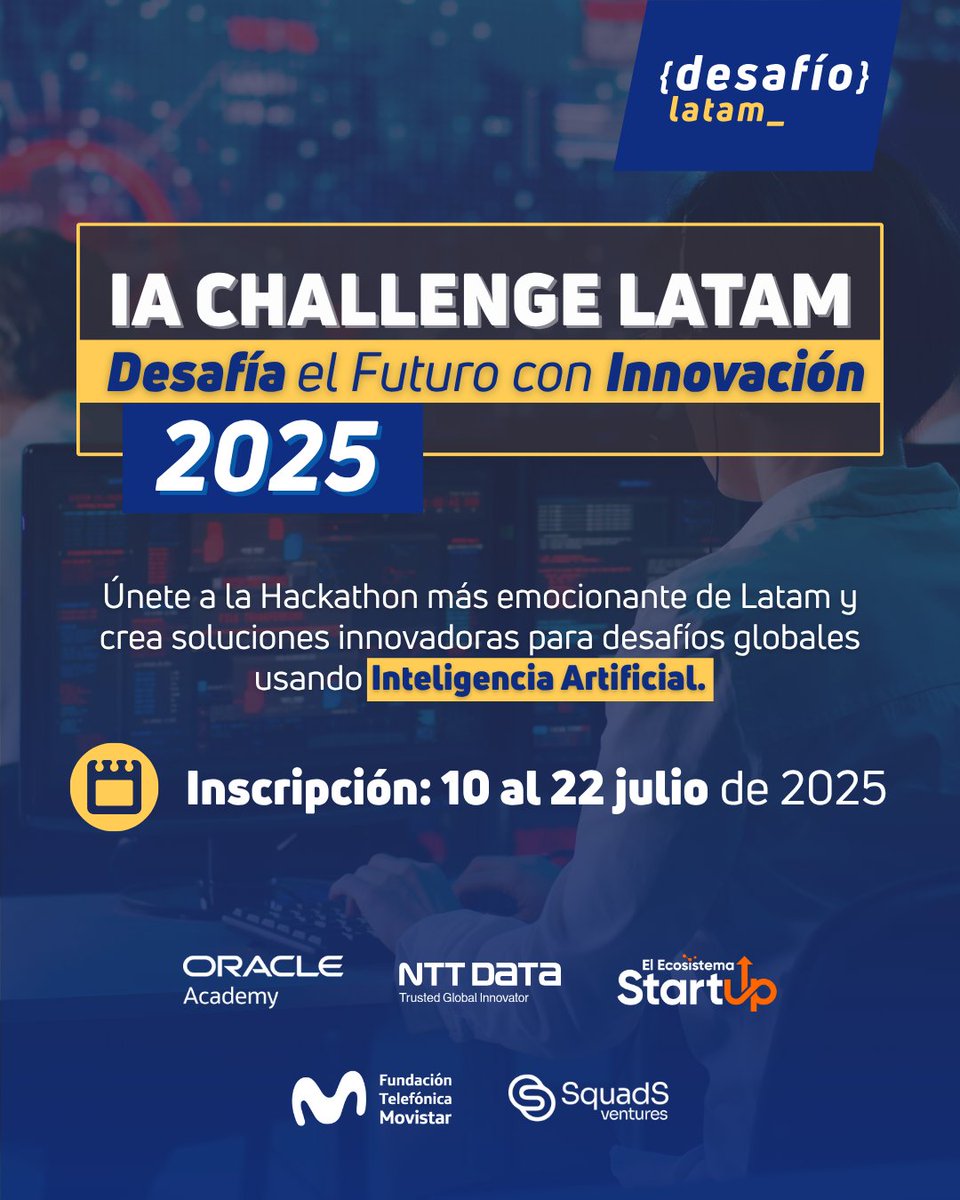 Llega IA Challenge Latam 2025: Desafía el futuro con Innovación

¿No tienes experiencia previa? ¡No importa! Lo que importa es tu creatividad y motivación.

🔴𝗠á𝘀 𝗶𝗻𝗳𝗼 𝘆 𝗽𝗼𝘀𝘁𝘂𝗹𝗮𝗰𝗶𝗼𝗻𝗲𝘀:
👉 hubs.ly/Q03xVJZC0

Organizan: Desafío Latam + Oracle Academy