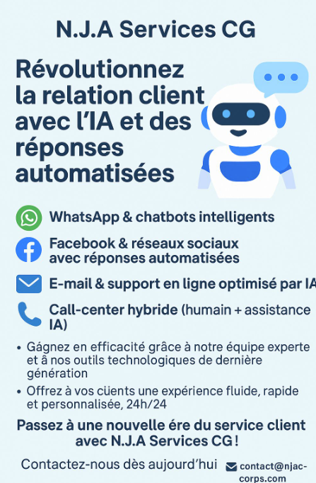 njacorpsCG's tweet photo. 🚀 Chez N.J.A Services CG, nous mettons la puissance de l’intelligence artificielle au service de votre service client.

✅ Réponses automatisées WhatsApp, Facebook etc
✅ Call-center hybride (humain + IA)
✅ Support rapide, disponible 24h/24

📩njacorps@gmail.com https://t.co/HceMxiaCbK