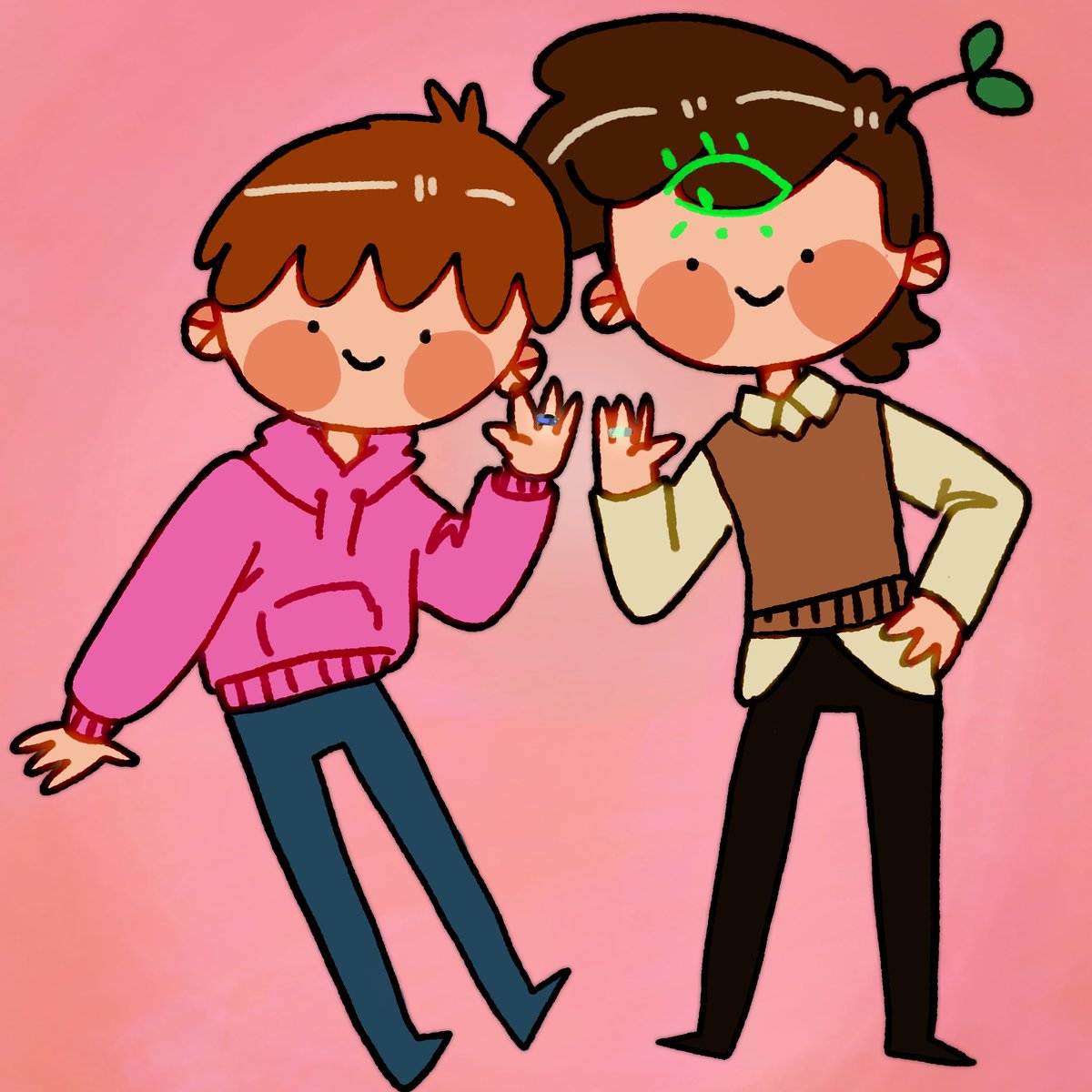 plantskid's tweet image. just a normal drawing of @kezzdev and i. nothing to see here. just us waving with our regular, unchanged hands as always! i expect some ENGAGEMENT on this post, though ... 💍✨❤️