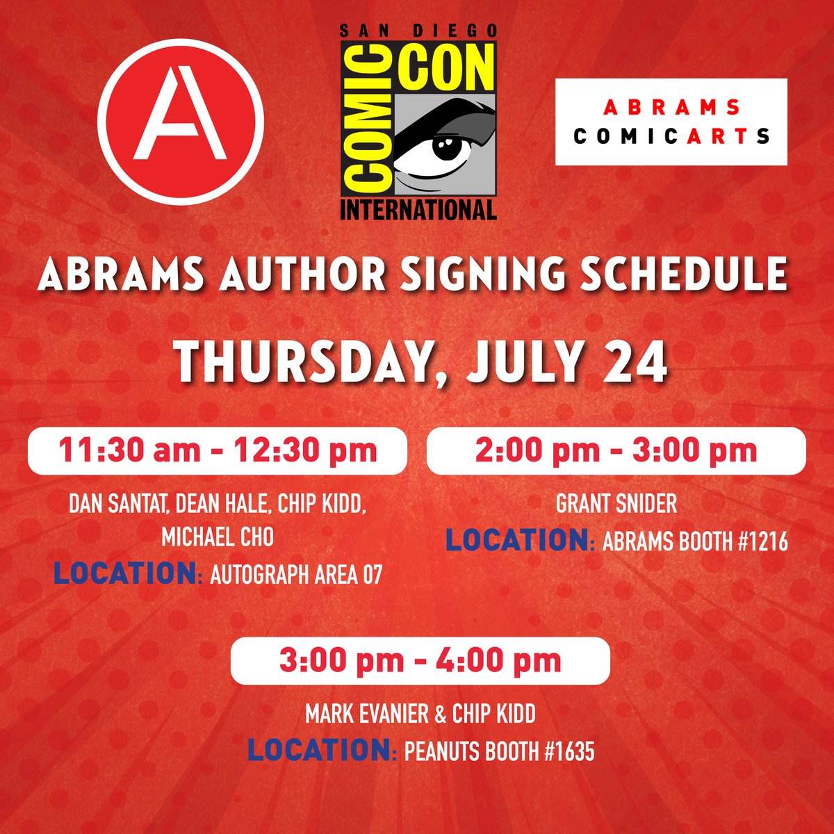 AbramsComicArts's tweet image. Exciting News!! @ABRAMSbooks and @AbramsComicArts are headed to San Diego for San Diego Comic Con, July 24 through July 27!
We have so many exciting author signings throughout the week! Check out our line up!
PLUS come by the Abrams booth #1216 to check out our newest books,…