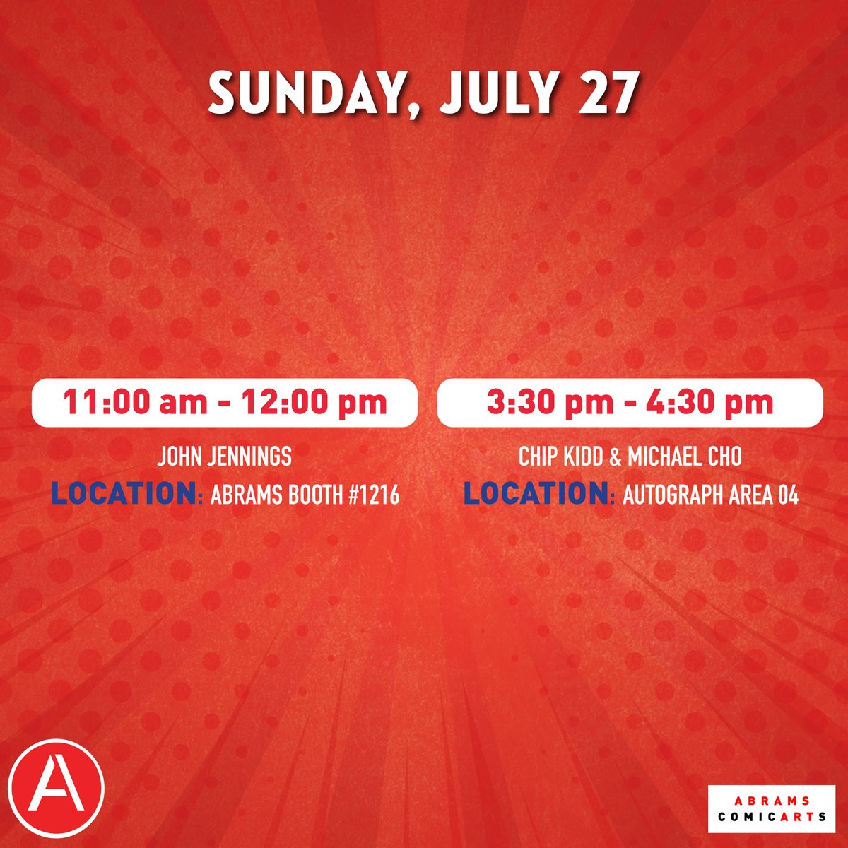 AbramsComicArts's tweet image. Exciting News!! @ABRAMSbooks and @AbramsComicArts are headed to San Diego for San Diego Comic Con, July 24 through July 27!
We have so many exciting author signings throughout the week! Check out our line up!
PLUS come by the Abrams booth #1216 to check out our newest books,…