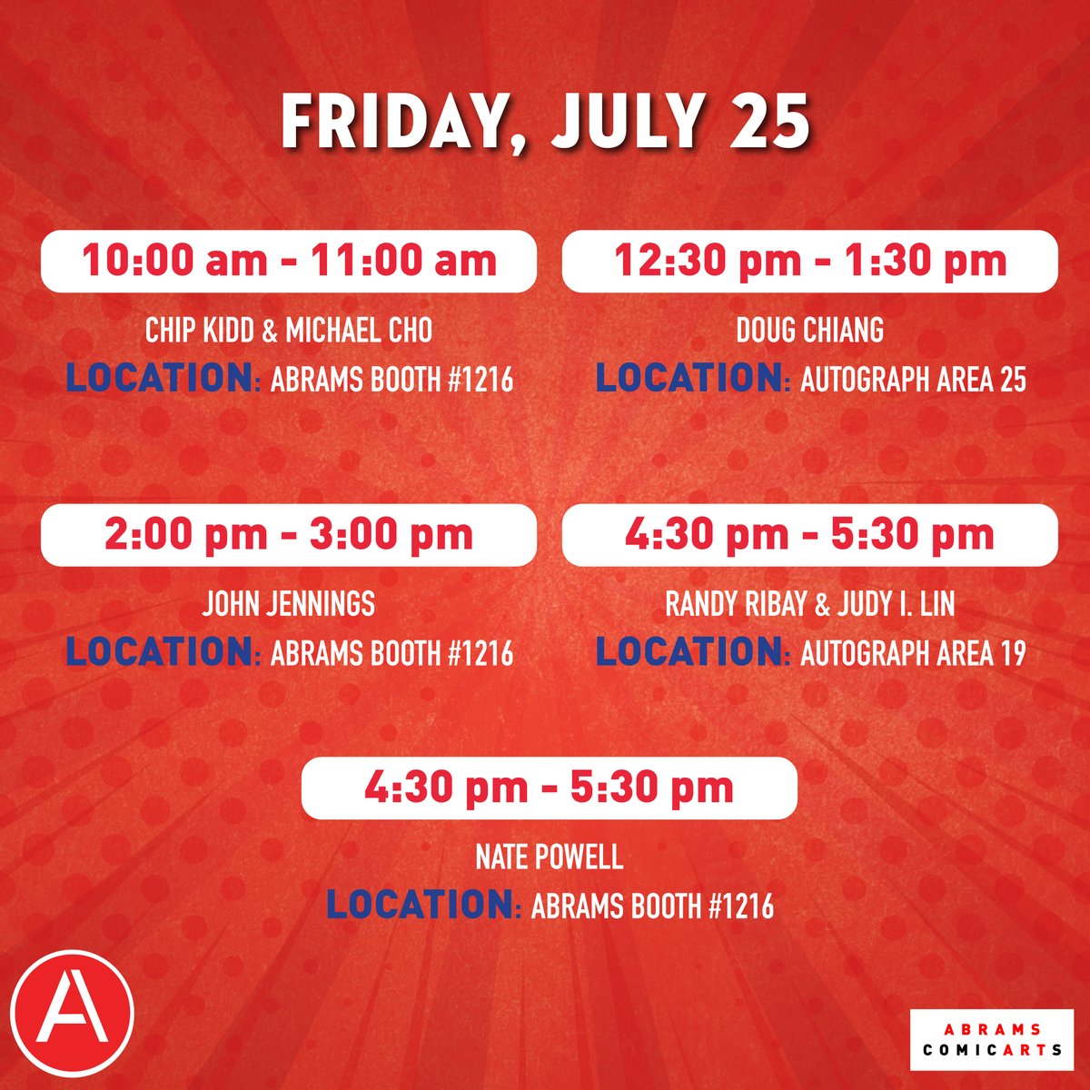 AbramsComicArts's tweet image. Exciting News!! @ABRAMSbooks and @AbramsComicArts are headed to San Diego for San Diego Comic Con, July 24 through July 27!
We have so many exciting author signings throughout the week! Check out our line up!
PLUS come by the Abrams booth #1216 to check out our newest books,…