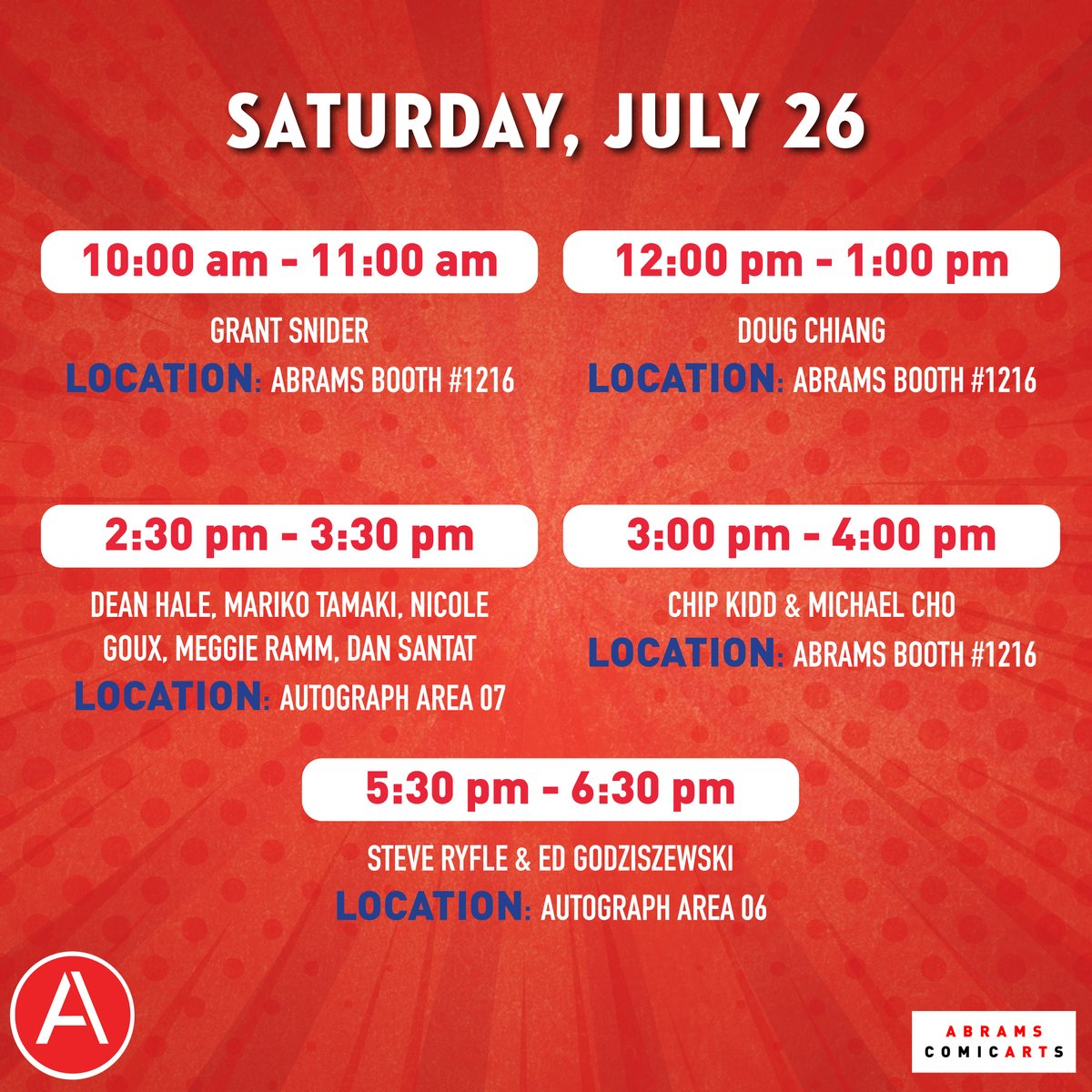 AbramsComicArts's tweet image. Exciting News!! @ABRAMSbooks and @AbramsComicArts are headed to San Diego for San Diego Comic Con, July 24 through July 27!
We have so many exciting author signings throughout the week! Check out our line up!
PLUS come by the Abrams booth #1216 to check out our newest books,…
