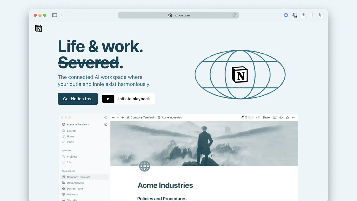 NotionHQ's tweet image. Your outie needs organization. Your innie craves structure. Both deserve Notion → notion.com/severance