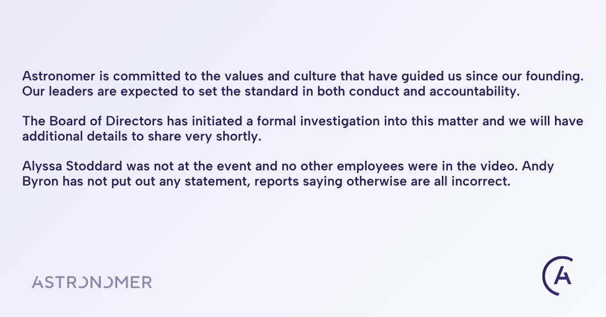 astronomerio's tweet image. Astronomer is committed to the values and culture that have guided us since our founding. Our leaders are expected to set the standard in both conduct and accountability.
The Board of Directors has initiated a formal investigation into this matter and we will have additional…