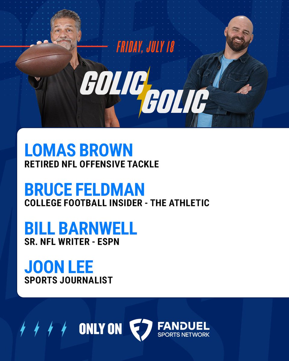 FanDuelSN's tweet image. It’s Football Friday on Golic & Golic! 🏈
We’ll see you at 3:00PM ET on FanDuel Sports Network.
@LomasBrown75 | @BruceFeldmanCFB | @billbarnwell | @joonlee