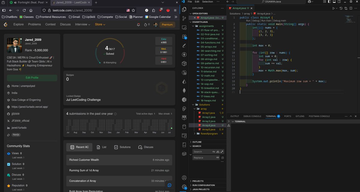 jared_furtado10's tweet image. Day 1 of my #DSAinJava journey ๐ป
โ
Learned arrays
โ
Solved 4 easy problems on LeetCode
Building consistency, one line of code at a time.
Letโs keep pushing. #100DaysOfCode #LearningInPublic #dsawithkunal