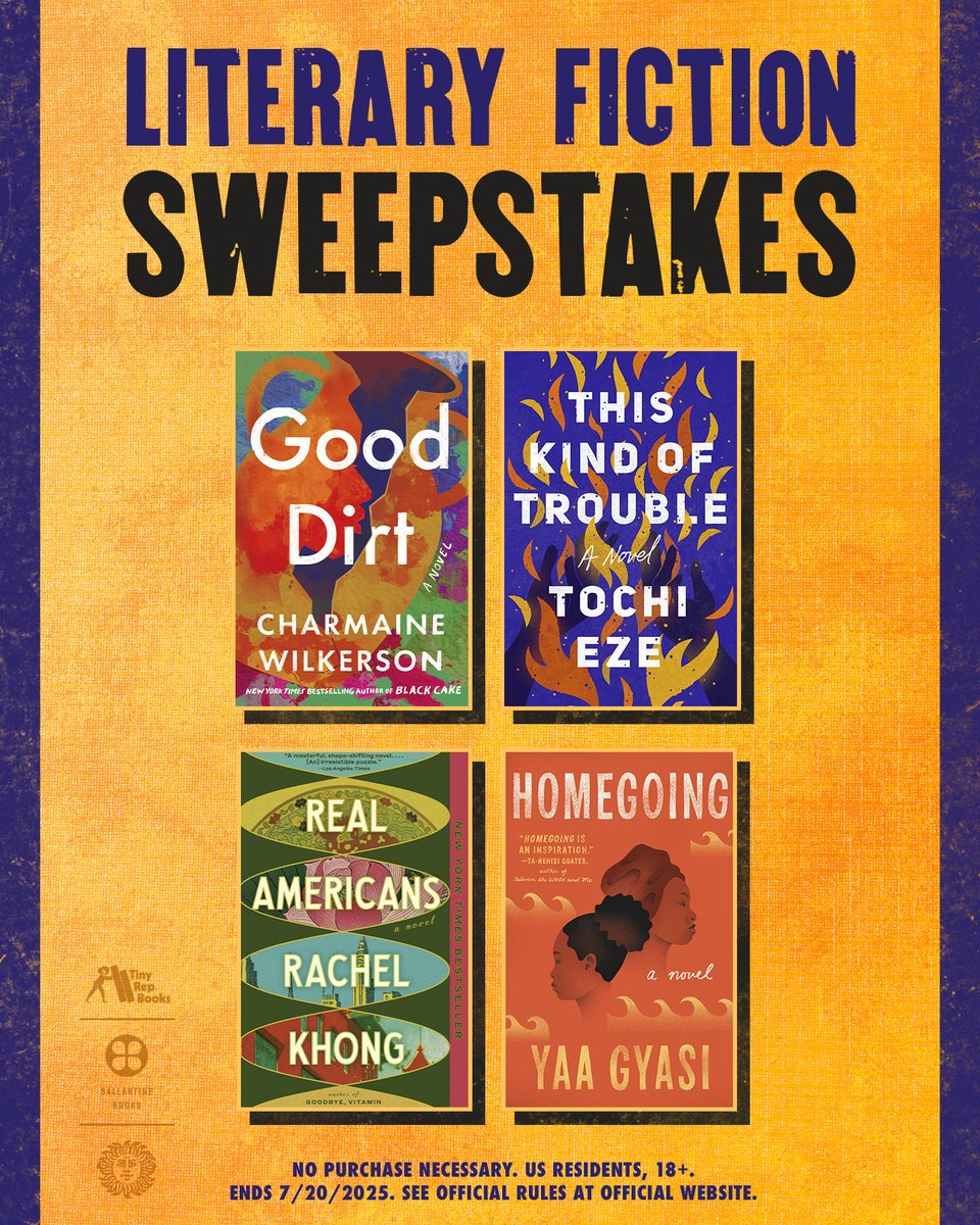 TinyRepBooks (@tinyrepbooks) on Twitter photo Giveaway!!
Enter for a chance to win 4 stunning literary novels from <a href="/CharmaineW123/">Charmaine Wilkerson</a>, Rachel Khong, Yaa Gyasi, and Tochi Eze!
Enter here: bit.ly/4ky3je2 Giveaway!!
Enter for a chance to win 4 stunning literary novels from <a href="/CharmaineW123/">Charmaine Wilkerson</a>, Rachel Khong, Yaa Gyasi, and Tochi Eze!
Enter here: bit.ly/4ky3je2