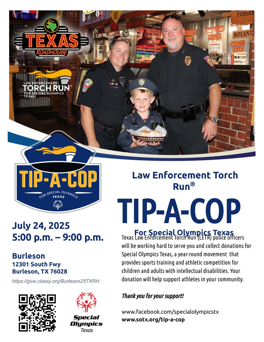 fortworthpd's tweet image. Join FWPD and our friends from the @LETRforSO on Thursday, July 24th at Texas Roadhouse for a night full of good food, great company, and giving back!
Officers will be serving dinner to raise funds for Special Olympics Texas—and our amazing athletes will be there as the guests of…