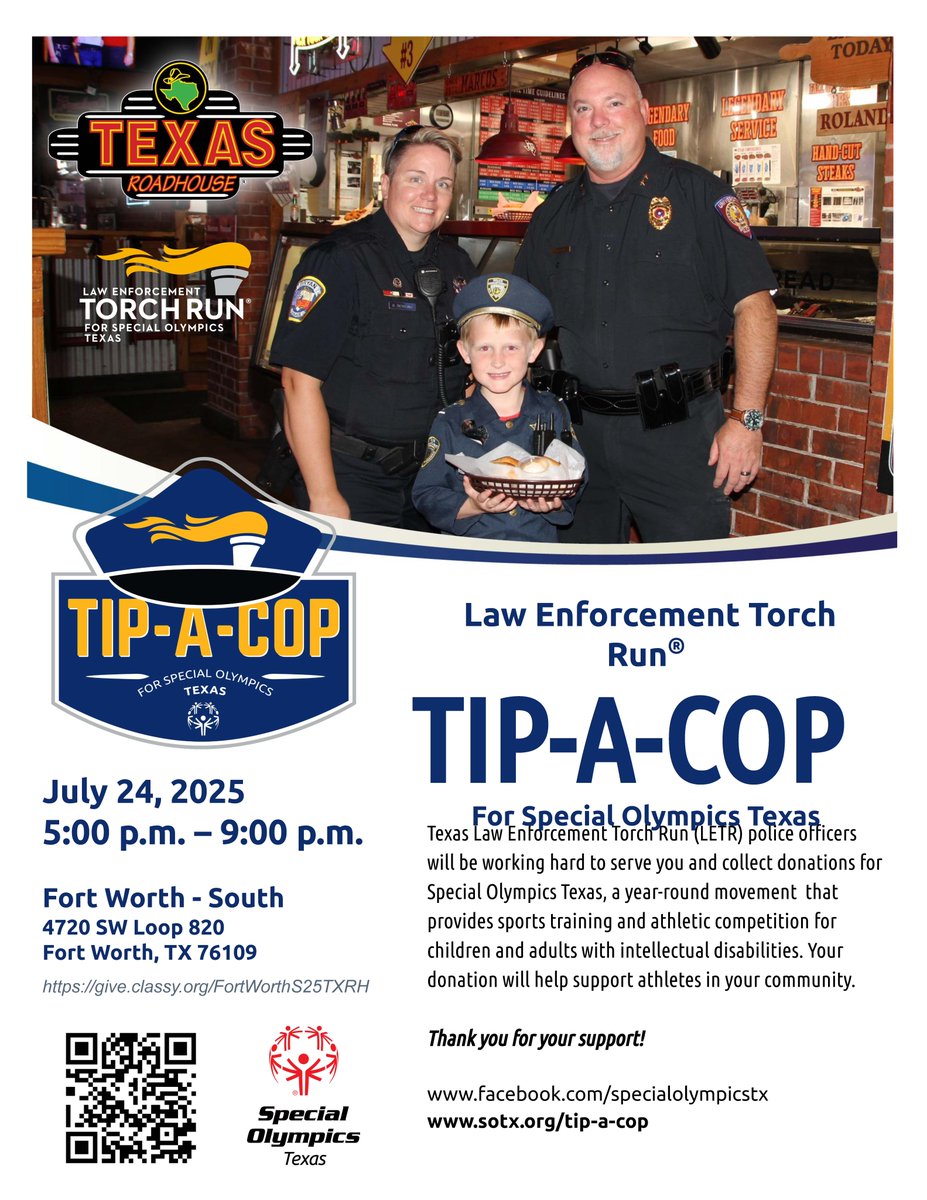 fortworthpd's tweet image. Join FWPD and our friends from the @LETRforSO on Thursday, July 24th at Texas Roadhouse for a night full of good food, great company, and giving back!
Officers will be serving dinner to raise funds for Special Olympics Texas—and our amazing athletes will be there as the guests of…
