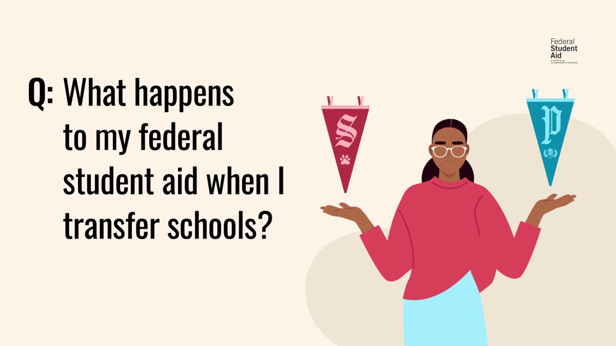 FAFSA's tweet image. Transcripts sent? Credits transferred? But what happens to your financial aid when you transfer schools?
Learn more at StudentAid.gov/transfer