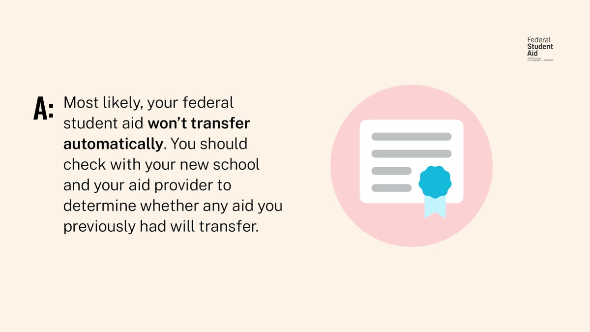 FAFSA's tweet image. Transcripts sent? Credits transferred? But what happens to your financial aid when you transfer schools?
Learn more at StudentAid.gov/transfer