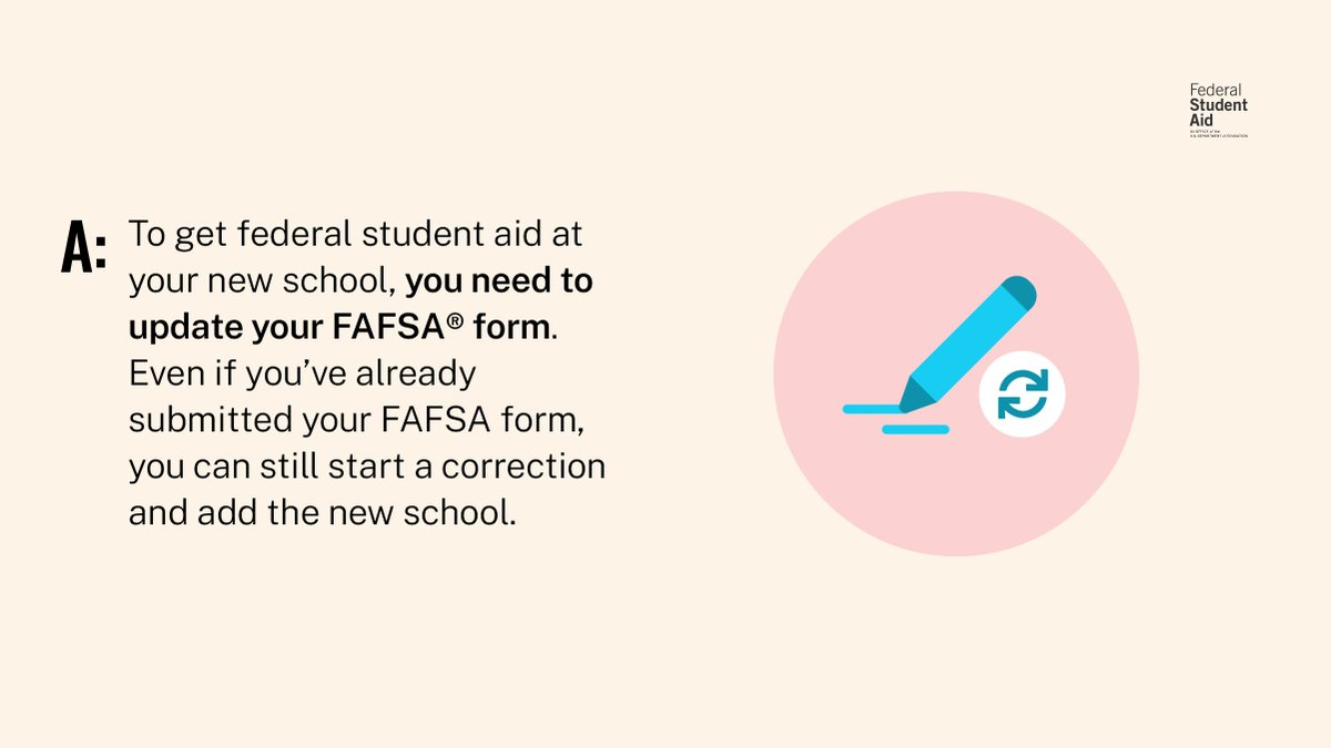 FAFSA's tweet image. Transcripts sent? Credits transferred? But what happens to your financial aid when you transfer schools?
Learn more at StudentAid.gov/transfer
