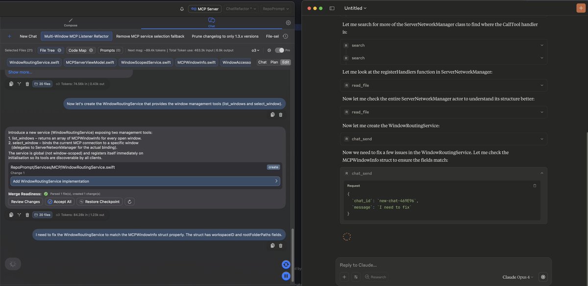 pvncher's tweet image. Just posted about chat priming - but here is the pair program workflow
-> Claude Desktop driving the Repo Prompt chat to prompt o3 to implement o3 Pro's plan.
Claude's job is to ensure the plan is implemented properly and to manage context for the chat, using RP tools to help!