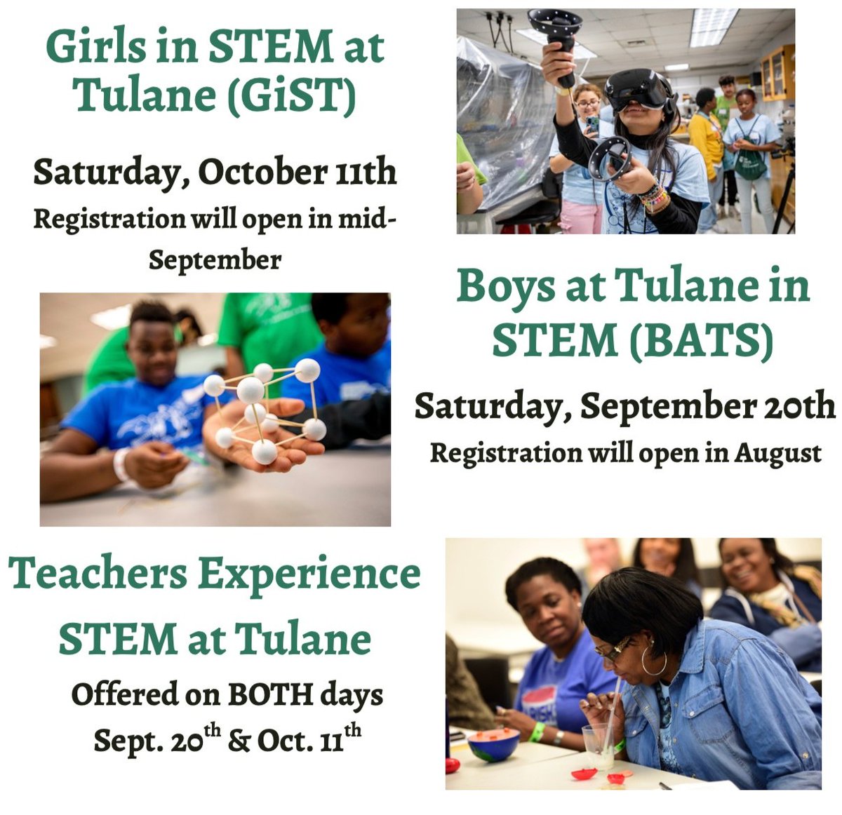 TulaneSSE's tweet image. SAVE THE DATES for these Fall 2025 K-12 STEM events!
#STEMEvents #TulaneUniversity #Fall2025