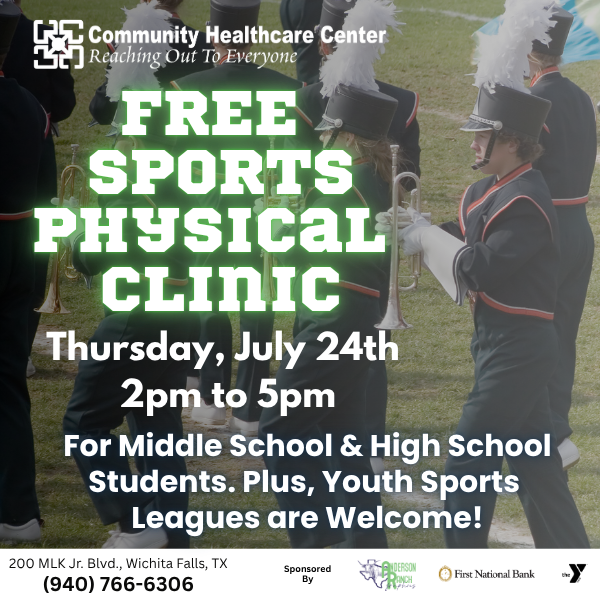 FREE Sports Physical Clinic on Thursday, July 24th 2:00 PM – 5:00 PM at Community Healthcare Center, 200 MLK Jr. Blvd., Wichita Falls, TX. FREE to all Middle School &amp; High School students – including youth sports league participants! More Info: chcwf.com/free-sports-ph…