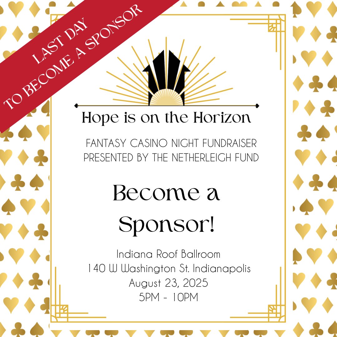 Today is the final day to become a sponsor of Hope is on the Horizon Fantasy Casino Night! 

Don't miss out on this amazing opportunity to make a difference and be part of an unforgettable evening. 

 tinyurl.com/56bu3327

#HorizonHouseIndy  #HopeOnTheHorizon