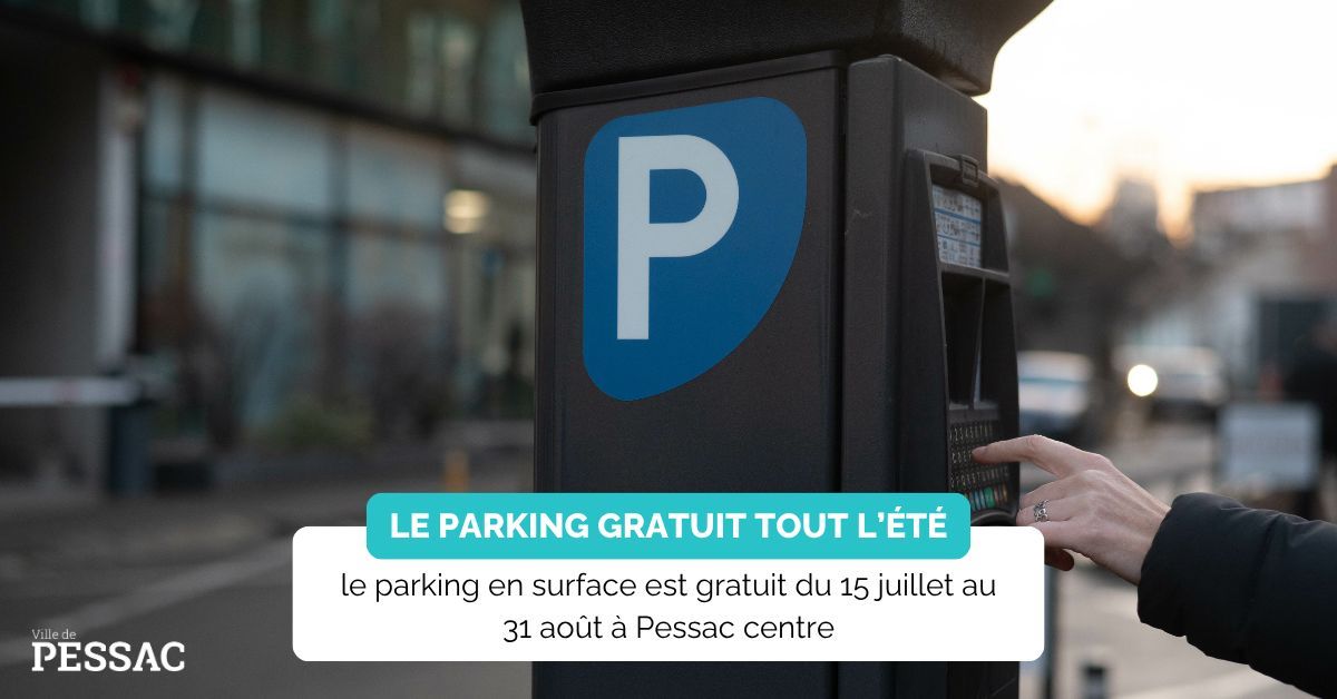 🚗Stationnez facilement cet été à Pessac
Du 15 juillet au 31 août, le stationnement en surface est gratuit en centre-ville !🅿️☀️

Et si vous ne trouvez pas de place, pensez au parking souterrain :
➡️2h gratuites offertes par la Ville
➡️Accès maintenu pendant les travaux

#Pessac