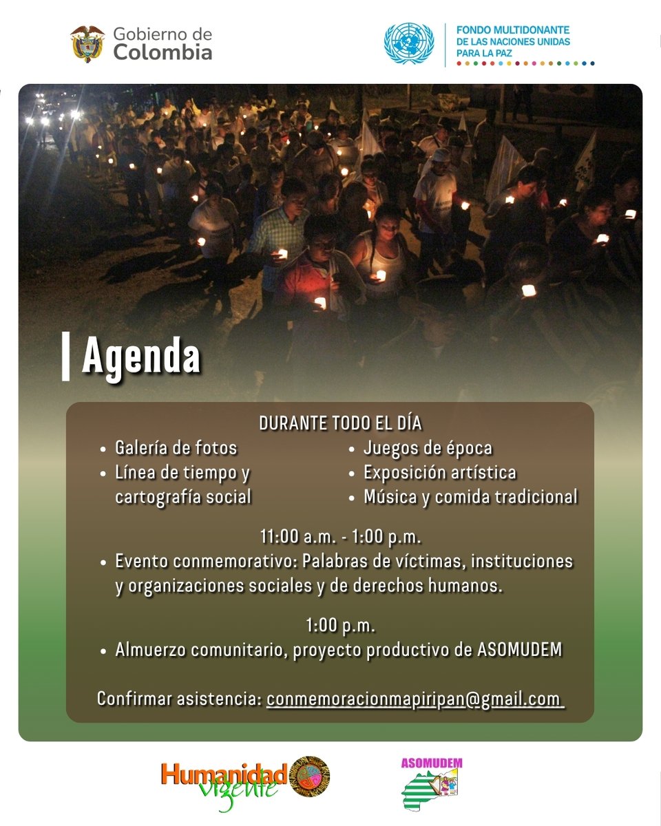 HumanidadVigent's tweet image. 🕯️Les invitamos a la conmemoración: ‘Recordar, reconstruir y dignificar la Memoria Histórica: 28 años de las masacres de Mapiripán’.
🗓️ 29/07/2025
🕘 9 am - 5 pm
📍 Restrepo, Meta, finca 'La Esperanza', vereda 'Los medios'
📧 Confirma asistencia conmemoracionmapiripan@gmail.com