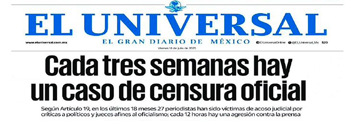 En portada de El Universal detallan los graves casos de censura oficial de los que son objeto los periodistas. 

En Aguascalientes siempre defenderemos la libertad de expresión y por eso  impulsamos una reforma a la Ley de Comunicación que nos posicionará como referente nacional.