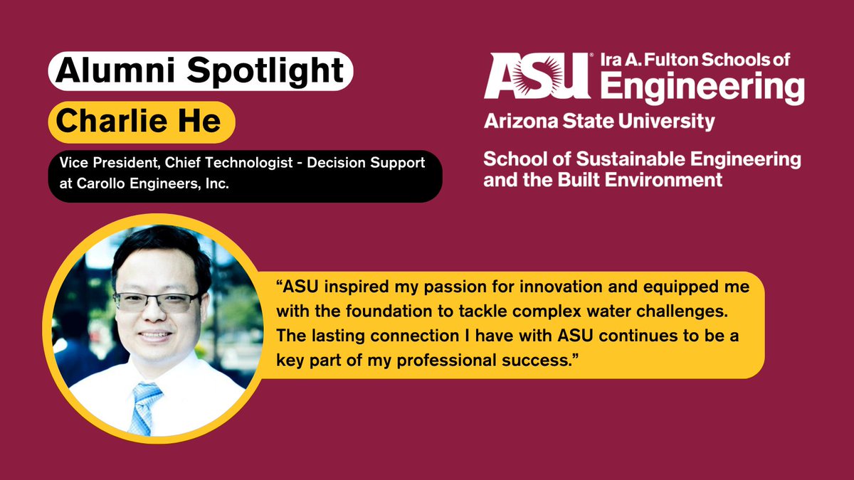 SSEBEatASU's tweet image. ๐ @SSEBEatASU, part of @ASUEngineering, highlights #ASUAlumni Charlie He, who earned his masterโs degree in #EnvironmentalEngineering in 2001! ow.ly/g5WL50VVaMX ๐ #ASUEngineering #ASUResearch #water #wastewater #AI #dataanalytics #membrane #desalination #research