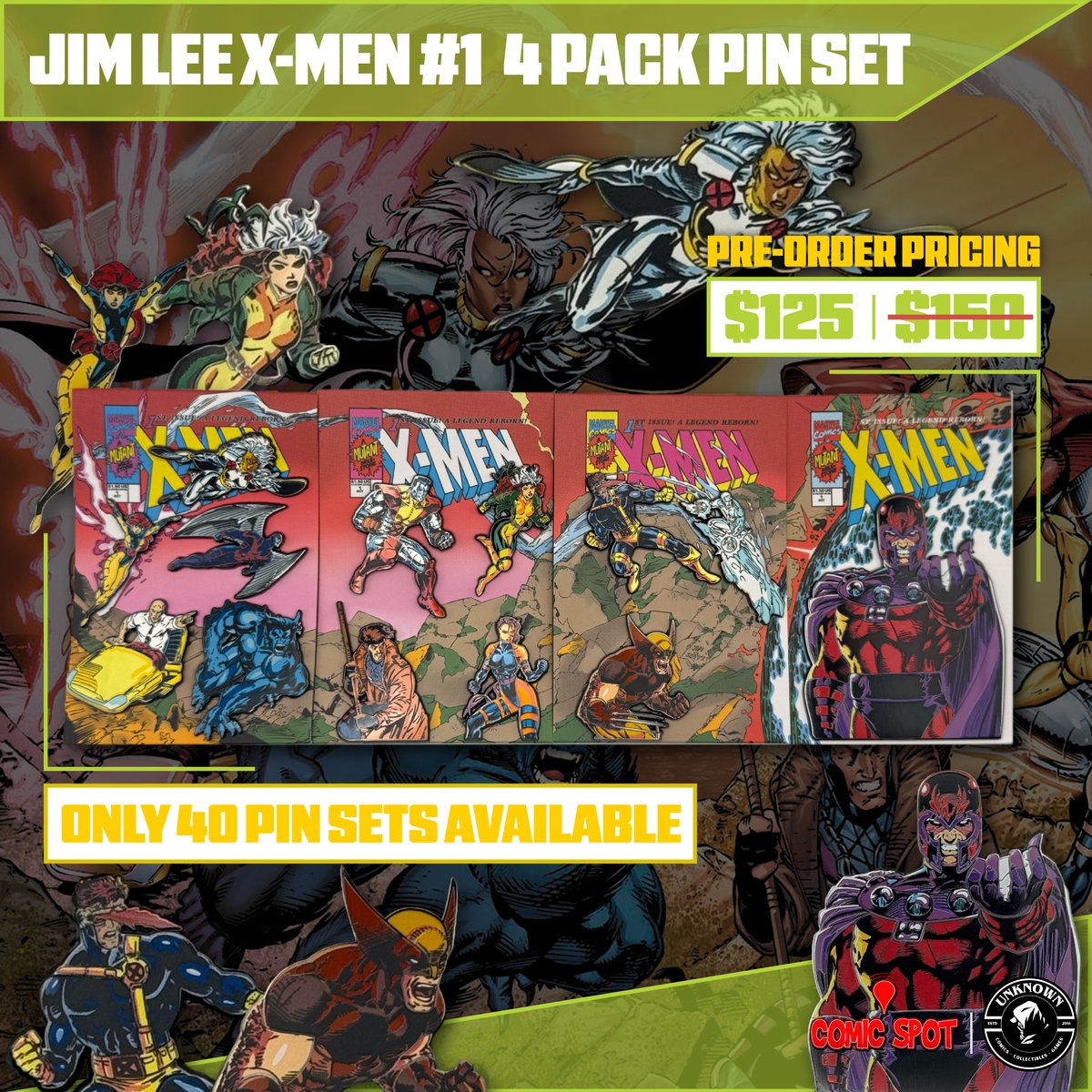 Unknown_Comics's tweet image. Collector's Dream! 🤩
Jim Lee X-Men #1 Pin Sets pre-order this Sat, 7/19 @ 1 PM CST! ONLY 40 sets!
Grab the 13-pin set or ultimate bundle with Foil 4-Pack!
Mark your calendars for UnknownComicBooks.com & acomicspot.com!
#XMenPins #JimLee