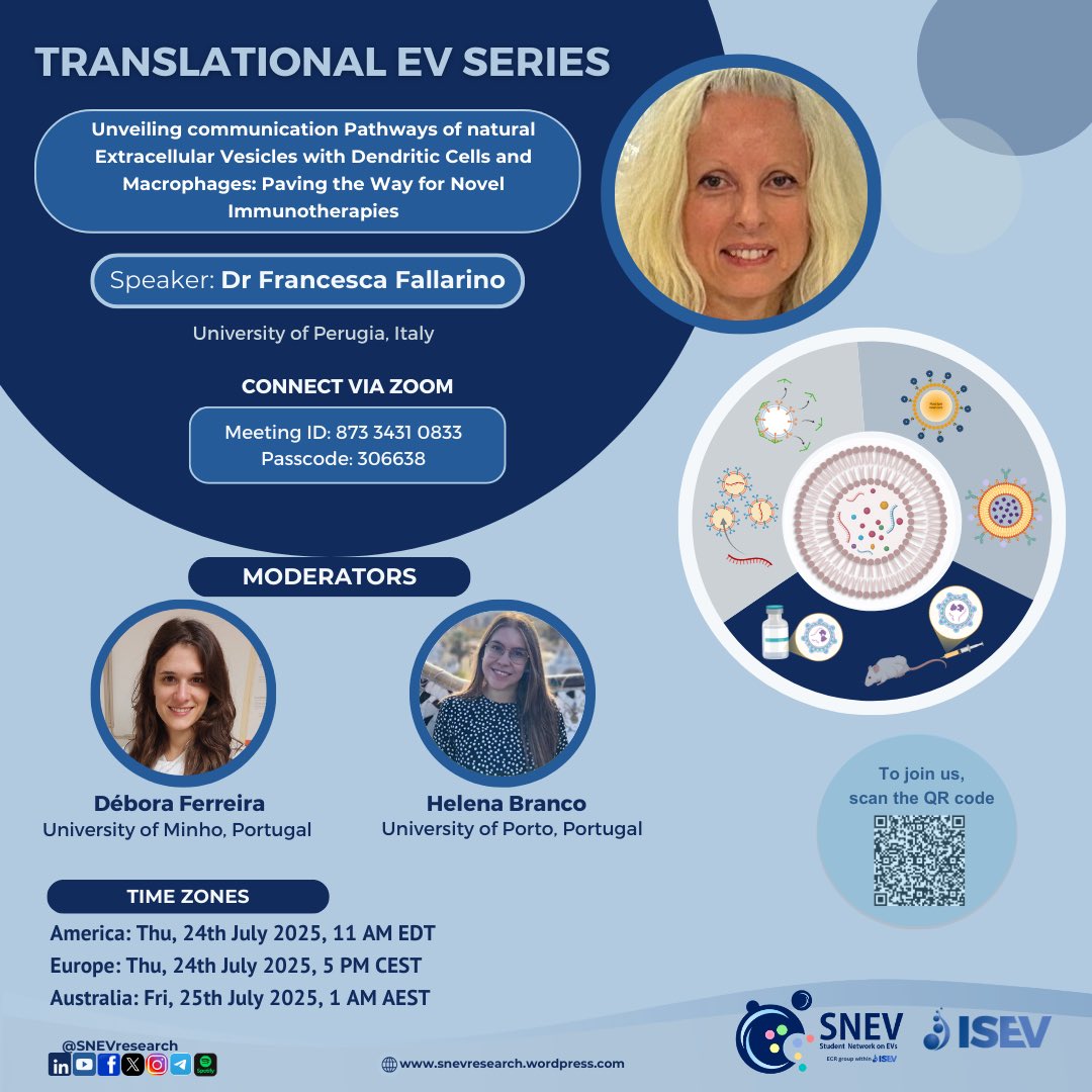 SNEVresearch's tweet image. 📣 Translational EV Series

Dr. Francesca Fallarino (University of Perugia) on how EVs from amniotic fluid stem cells can reprogram dendritic cells, promote regulatory T cell responses and reduce inflammation!

🕒 notime.zone/OVRK1OHXhZWR6
🎯 Join us: Linktr.ee in bio