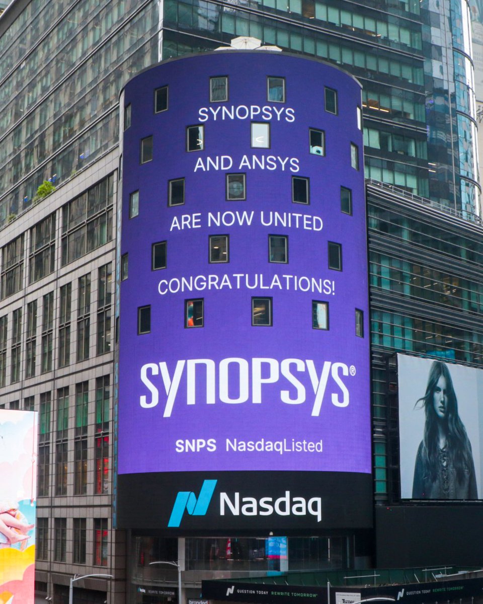 A proud day from the <a href="/Nasdaq/">Nasdaq</a> tower. Synopsys is now united with <a href="/ANSYS/">Ansys</a>! We are the leader in engineering solutions from silicon to systems. 
 
#1 in EDA
#2 in Silicon IP
#1 in Simulation &amp; Analysis
 
Learn more about our exciting next chapter: bit.ly/4kJzCXu