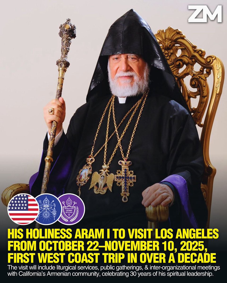 ZartonkMedia's tweet image. His Holiness Aram I To Visit Los Angeles From October 22–November 10, 2025, First West Coast Trip In Over A Decade
➖➖➖
His Holiness Aram I, Catholicos of the Holy See of Cilicia, will make an official visit to Los Angeles from October 22 to November 10, 2025, reports Zartonk…